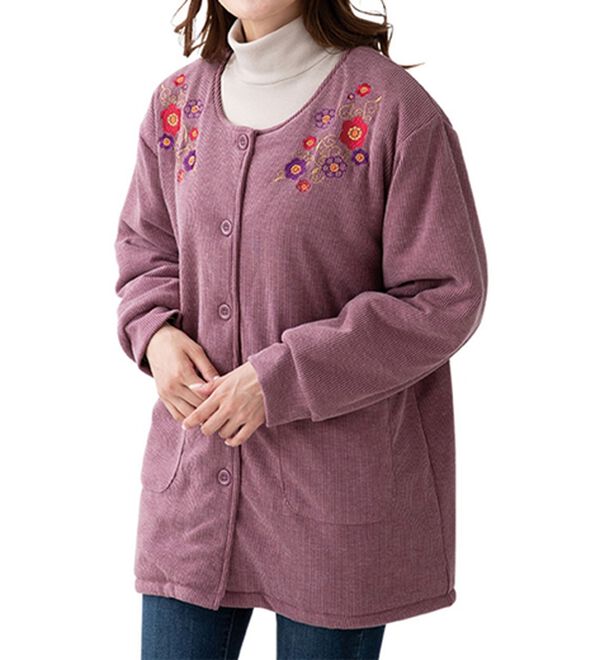 「刺しゅうが豪華なあったかニットコール割烹（パジャマ・ルームウェア）」｜パープル