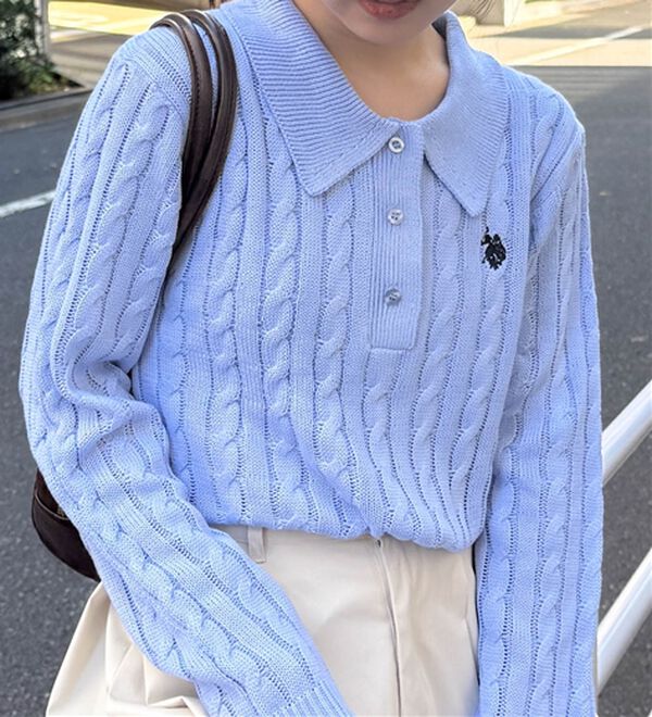 RANAN（ラナン）の「＜Ｕ．Ｓ．Ｐ＞刺繍長袖ケーブルポロニット（ニット・セーター）」｜ブルー