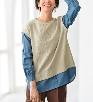 BELLUNA（ベルーナ）の「重ね着風ケーブル&times;デニム切替チュニック（チュニック）」｜詳細画像