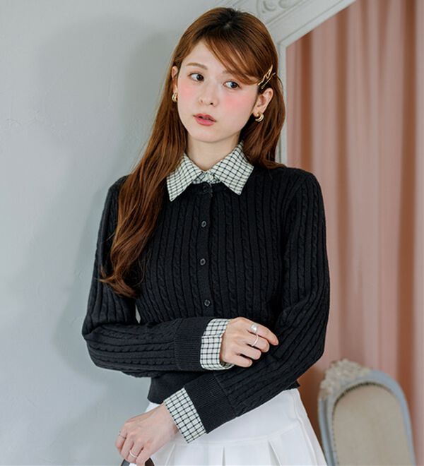 alotta（アロッタ）の「【Corie】チェック柄ボウタイシャツ２ＷＡＹカーデ（ニットカーディガン）」｜詳細画像