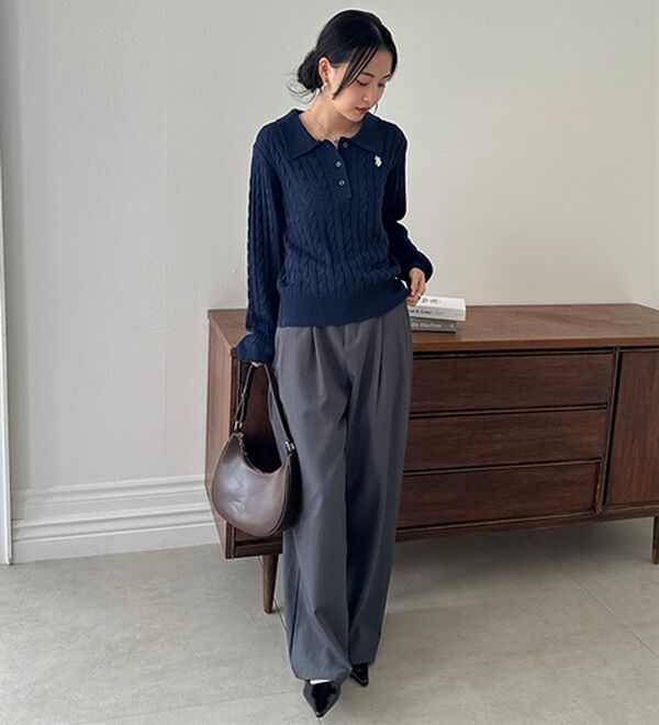 RANAN（ラナン）の「＜Ｕ．Ｓ．Ｐ＞刺繍長袖ケーブルポロニット（ニット・セーター）」｜詳細画像