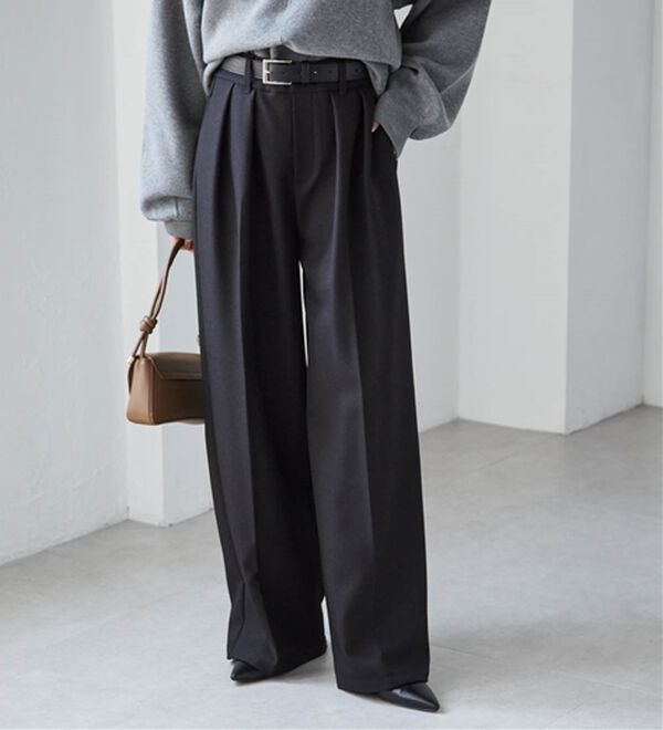 RANAN（ラナン）の「ウール調２タックワイドパンツ（フルレングスパンツ）」｜ブラック