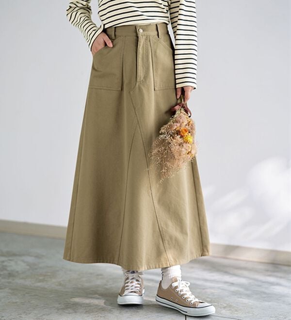 BELLUNA（ベルーナ）の「＜＆ｃｏｃｏｃｈｉ＞綿混チノ素材フレアスカート（ロングスカート）」｜モカベージュ