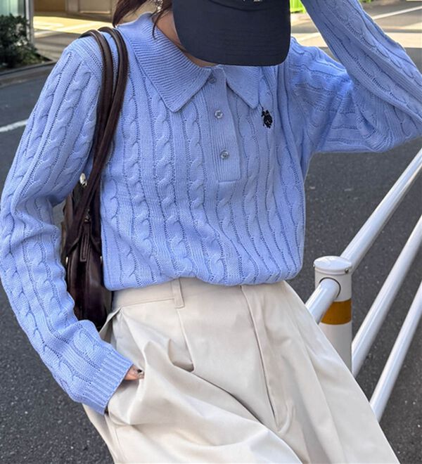 RANAN（ラナン）の「＜Ｕ．Ｓ．Ｐ＞刺繍長袖ケーブルポロニット（ニット・セーター）」｜詳細画像