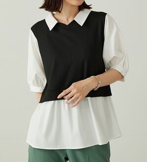 BELLUNA（ベルーナ）の「衿付きVネック異素材切替チュニック（チュニック）」｜黒&times;オフ白