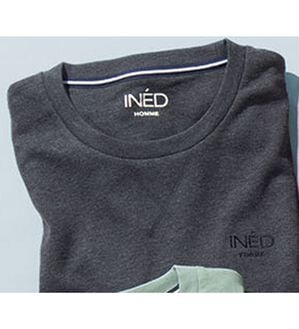 「＜イネド＞綿１００％ゆったり６分袖ライトトレーナー（メンズトレーナー）」｜チャコール