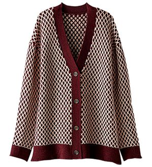 BELLUNA（ベルーナ）の「配色ジャカードニットカーディガン（ニットカーディガン）」｜ワイン系