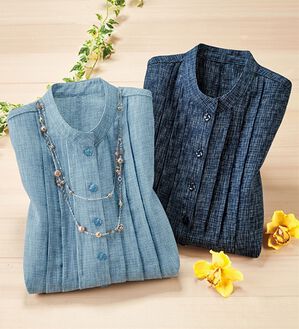 ルフラン（ルフラン）の「【２色組】かすり調半開チュニック＜浅葱～あさぎ～＞（チュニック）」｜2色組