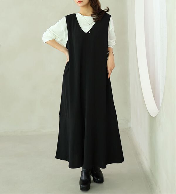 A HAPPY MARILYN（アハッピーマリリン）の「【Ｌ～８Ｌ】【２点セット】スポッと着られる！！「楽かわ」シリーズ！長袖 トップス&times;シンプル ジャンスカ（アンサンブル）」｜詳細画像