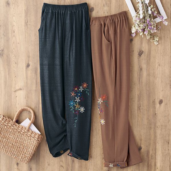 BELLUNA（ベルーナ）の「【２本組】お花刺しゅうコロンパンツ（フルレングスパンツ）」｜詳細画像