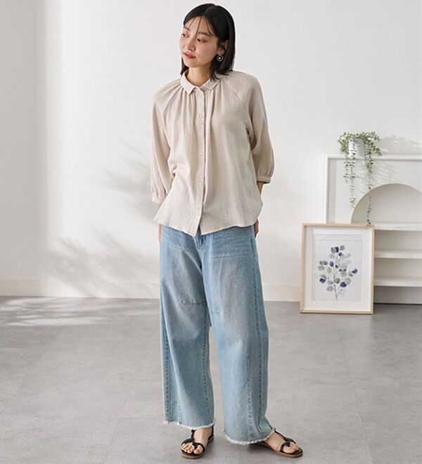 BELLUNA（ベルーナ）の「《ＨｕｇＲｅａｍコットン》ダブルガーゼギャザーブラウス（ブラウス）」｜詳細画像