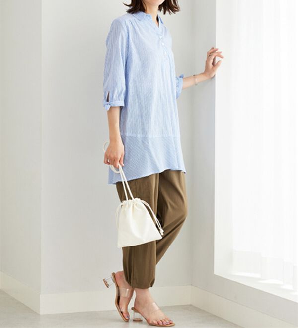 BELLUNA（ベルーナ）の「綿１００％ストライプ袖リボンチュニック（チュニック）」｜詳細画像