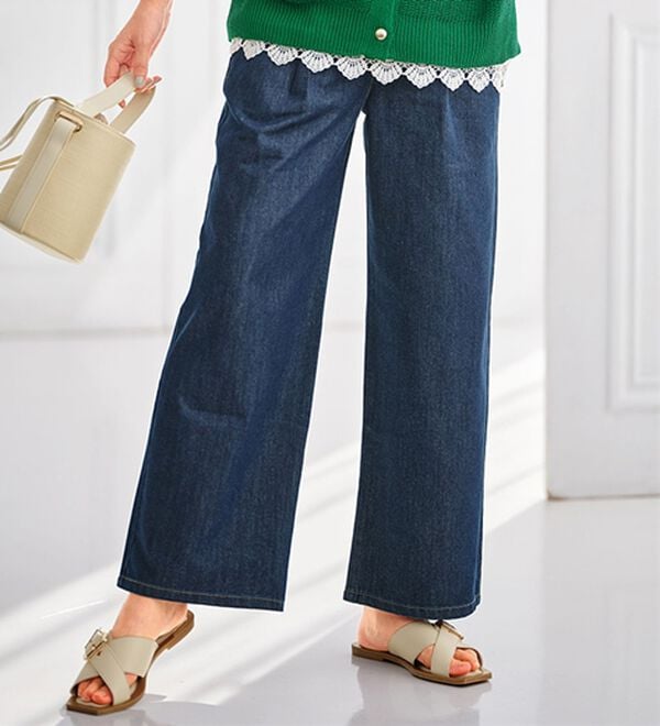 BELLUNA（ベルーナ）の「薄くて軽い！デニムイージーワイドパンツ（ワイドパンツ・ガウチョ）」｜ネイビー