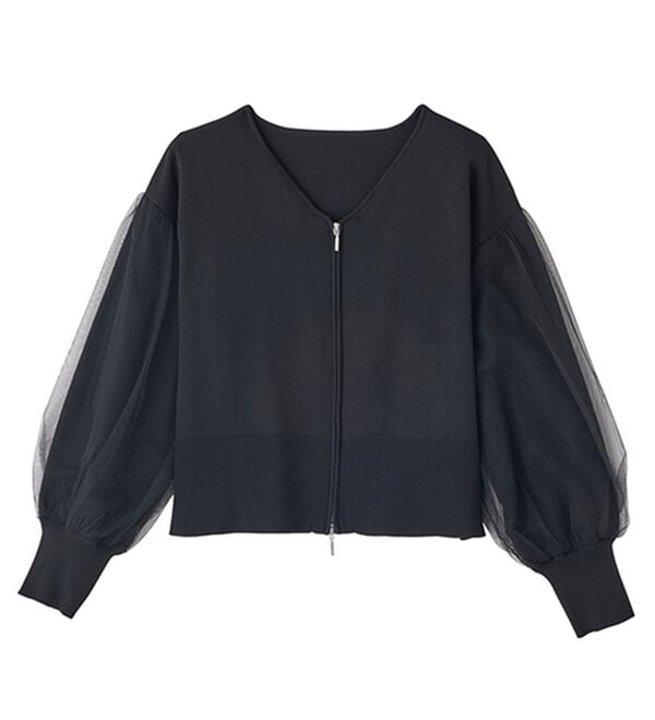 GeeRA（ジーラ）の「チュール袖ダブルジップカーディガン（ニットカーディガン）」｜詳細画像