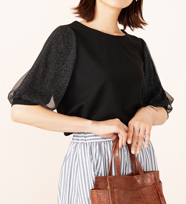 BELLUNA（ベルーナ）の「ラメチュール袖切替デザインプルオーバー（カットソー）」｜詳細画像
