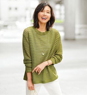 BELLUNA（ベルーナ）の「涼やか麻タッチメッシュニットプルオーバー（ニット・セーター）」｜イエローグリーン