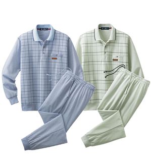 「【２着組】＜カルビア＞柄違い紳士のリラックスポロ衿ホームスーツ（メンズルームウェア）」｜2着組