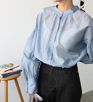 GeeRA（ジーラ）の「シアー素材ボリュームスリーブブラウス（ブラウス）」｜ブルー