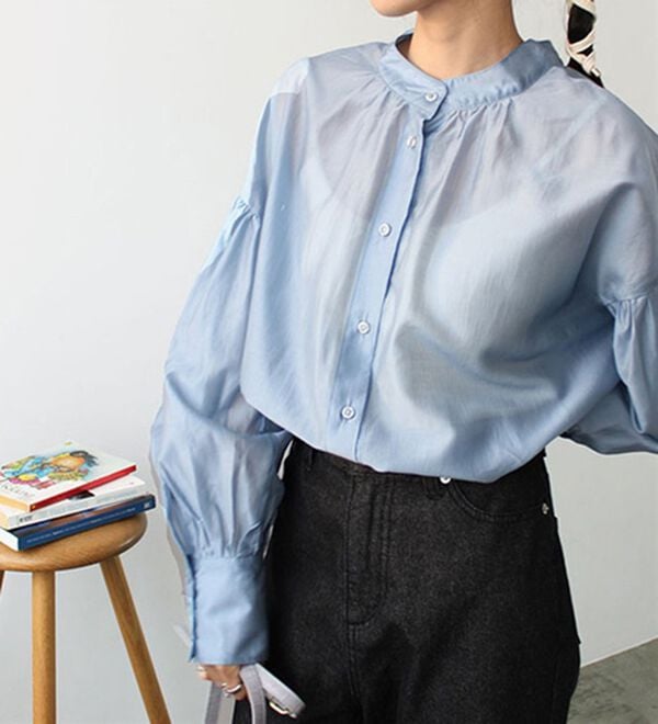 GeeRA（ジーラ）の「シアー素材ボリュームスリーブブラウス（ブラウス）」｜ブルー