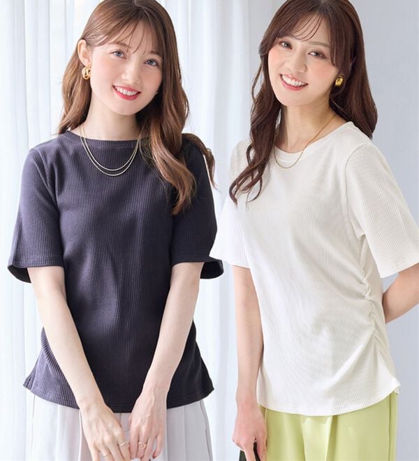 alotta（アロッタ）の「【接触冷感】細見えギャザーデザイン美くびれリブトップス（カットソー）」｜詳細画像