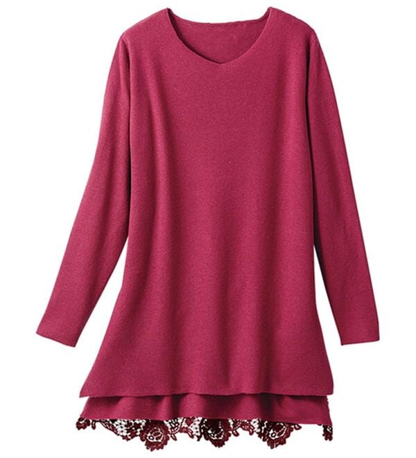 VINNO（ヴィノ）の「バックレースデザイン・なめらかニットチュニック（ニット・セーター）」｜ワイン