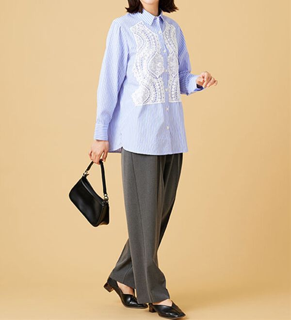 BELLUNA（ベルーナ）の「【Ｌａｇｒｉｌｕａ】レース使いストライプシャツチュニック（チュニック）」｜詳細画像