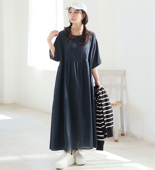 A HAPPY MARILYN（アハッピーマリリン）の「【Ｌ～６Ｌ】【風通るプレミアム】綿・楊柳、五分袖ウエスト切替ワンピース。（ロングワンピース）」｜詳細画像