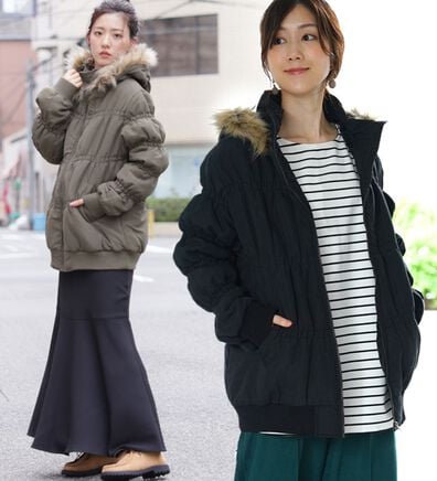 A HAPPY MARILYN（アハッピーマリリン）の「【Ｌ～６Ｌ】細魅せステッチ！ファーフード付中綿ロングコート（ロングコート）」