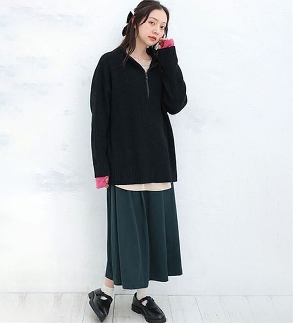 「【Ｌ～６Ｌ】配色＆同色ファスナーから選べる 畦編みハーフジップニット（ニット・セーター）」｜詳細画像