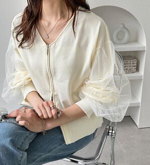 GeeRA（ジーラ）の「チュール袖ダブルジップカーディガン（ニットカーディガン）」｜詳細画像