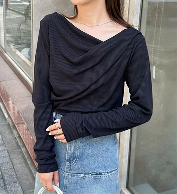 RANAN（ラナン）の「【春色追加】上品ドレープリブロングＴシャツ（カットソー）」｜詳細画像