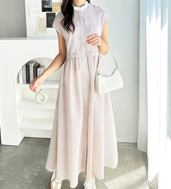 GeeRA（ジーラ）の「クレリック配色ウエストギャザーシャツワンピ―ス（シャツワンピース）」｜詳細画像