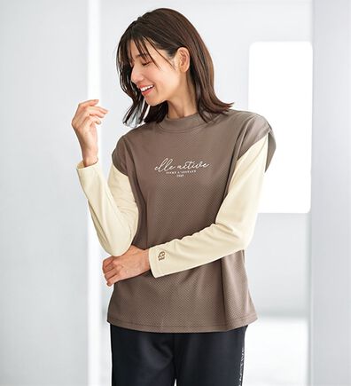 BELLUNA（ベルーナ）の「＜ＥＬＬＥ　Ａｃｔｉｖｅ＞メッシュ素材重ね着風プルオーバー（カットソー）」
