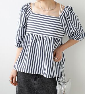 GeeRA（ジーラ）の「スクエアネックストライプ切替ブラウス（ブラウス）」｜ネイビー系