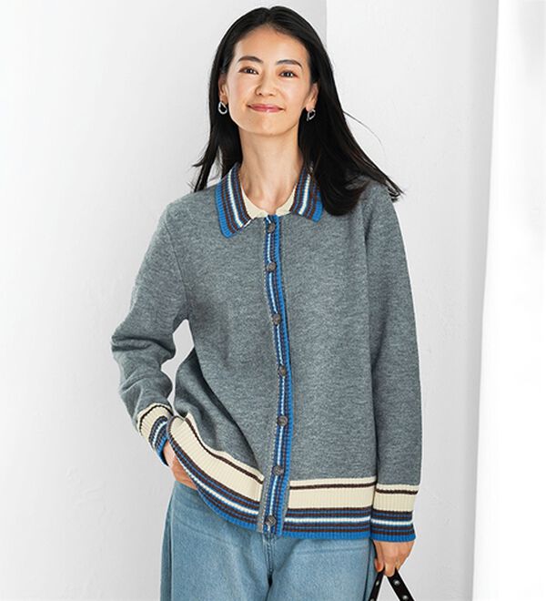 BELLUNA（ベルーナ）の「コートまではいらない日に！配色ニットジャケット（その他ジャケット）」｜グレー系