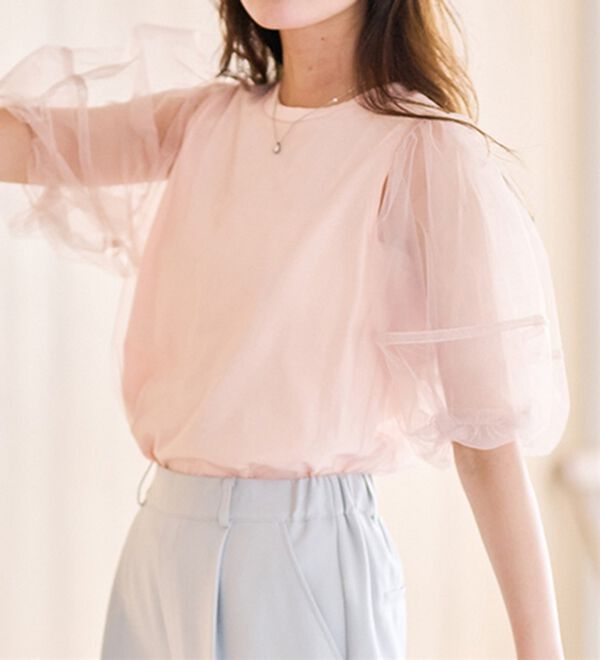 RANAN（ラナン）の「【ひんやり】チュールレイヤードパフスリーブTシャツ（カットソー）」｜詳細画像