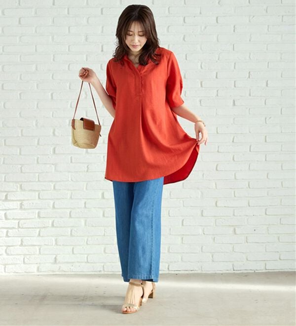 BELLUNA（ベルーナ）の「【接触冷感】麻調素材袖パール付シャツチュニック（チュニック）」｜詳細画像