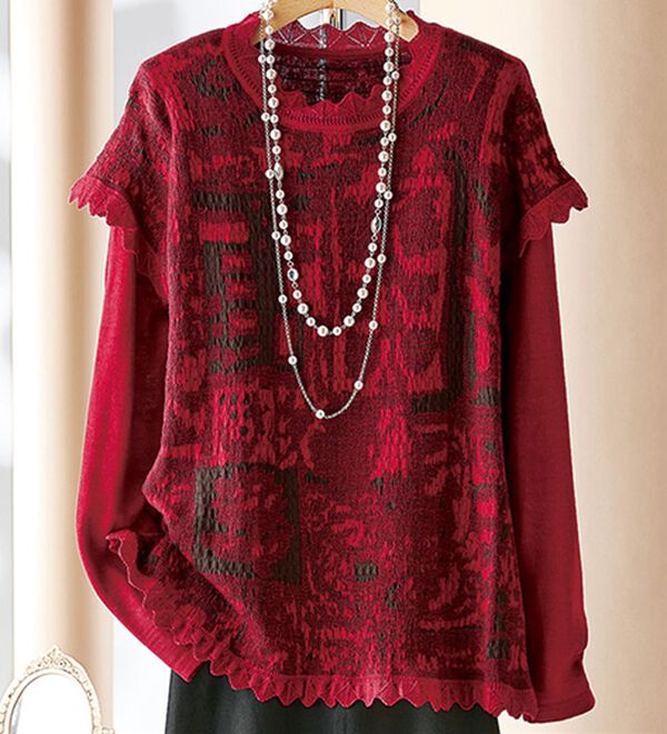 BELLUNA（ベルーナ）の「フクレジャカード重ねデザインセーター（ニット・セーター）」｜赤系