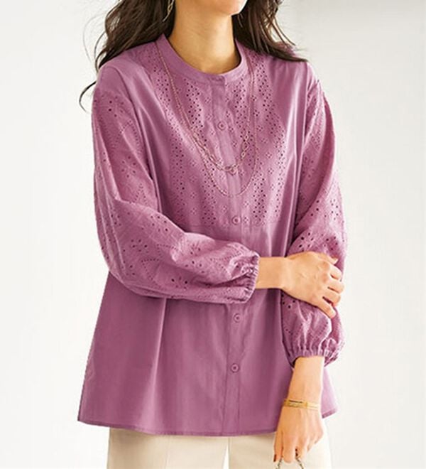 BELLUNA（ベルーナ）の「綿１００％レース切替デザインブラウス（ブラウス）」｜ローズ