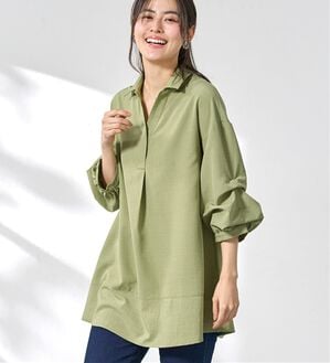 BELLUNA（ベルーナ）の「麻調素材袖タックデザインシャツチュニック（チュニック）」｜グリーン