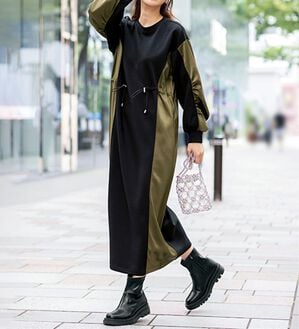 BELLUNA（ベルーナ）の「異素材切替ドロストワンピース（その他ワンピース）」｜ブラック系