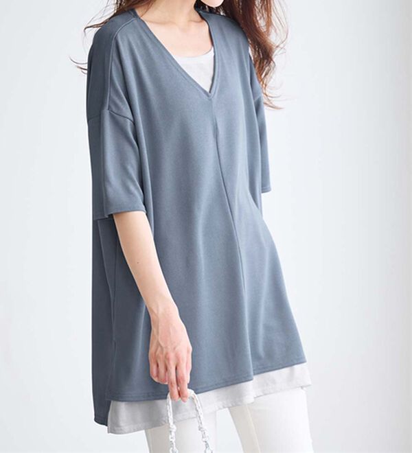 RANAN（ラナン）の「レイヤード風ニットソー半袖チュニック（チュニック）」｜詳細画像