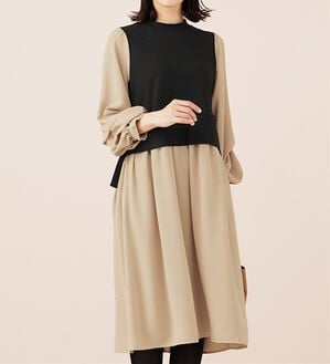 BELLUNA（ベルーナ）の「袖タックデザイン異素材切替ワンピース（その他ワンピース）」｜ベージュ系