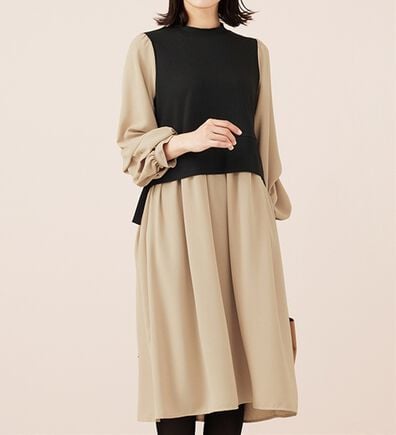 BELLUNA（ベルーナ）の「袖タックデザイン異素材切替ワンピース（その他ワンピース）」