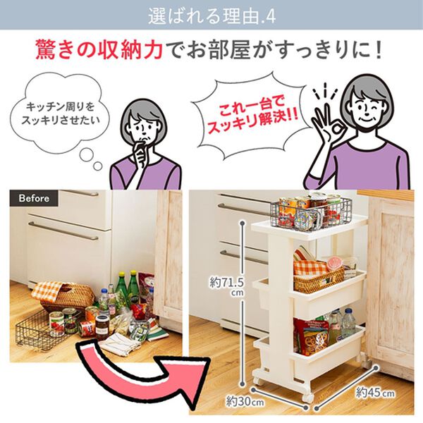 iellio（イエリオ）の「日本製リセ　テーブルワゴン３段＜キッチンワゴン・バスケットトローリー・ラック・省スペース・小物収納＞（リビング用品）」｜詳細画像