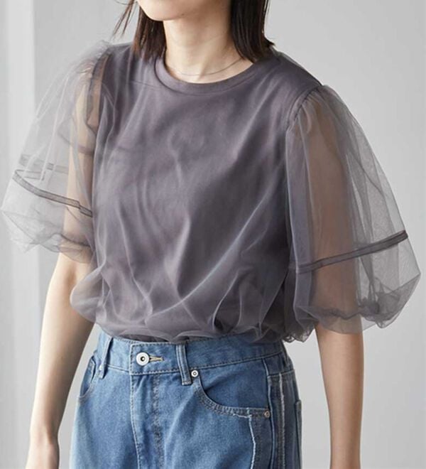RANAN（ラナン）の「【ひんやり】チュールレイヤードパフスリーブTシャツ（カットソー）」｜詳細画像