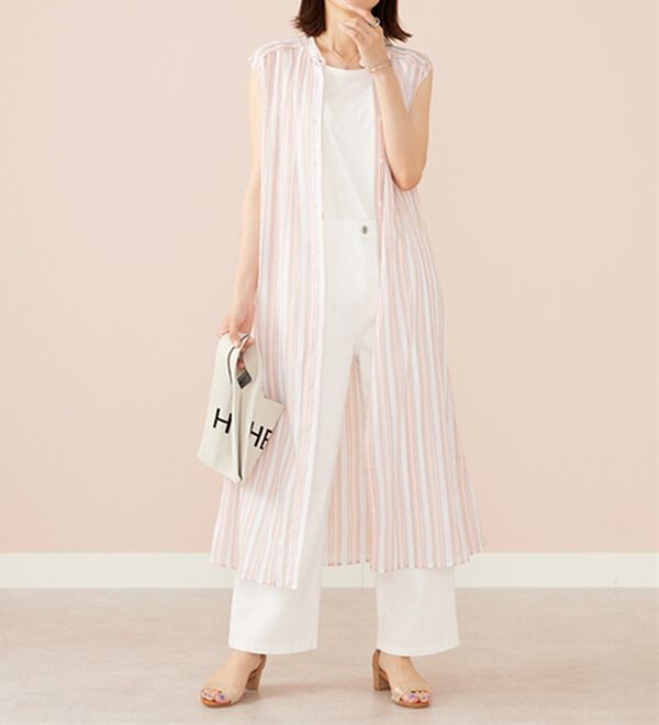 BELLUNA（ベルーナ）の「ラメ入りストライプ柄シアーロングシャツ（シャツワンピース）」｜詳細画像