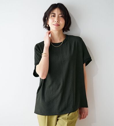 BELLUNA（ベルーナ）の「ビンテージ調素材リブ使いゆったりブラウス（ブラウス）」