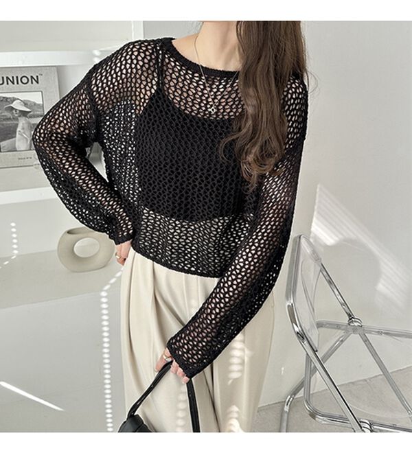 GeeRA（ジーラ）の「透かし編みメッシュニットプルオーバー（ニット・セーター）」｜詳細画像