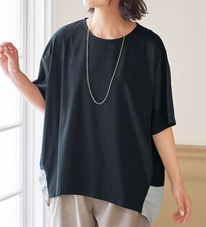 BELLUNA（ベルーナ）の「異素材チュニック（カットソー）」｜ネイビー／ストライプ